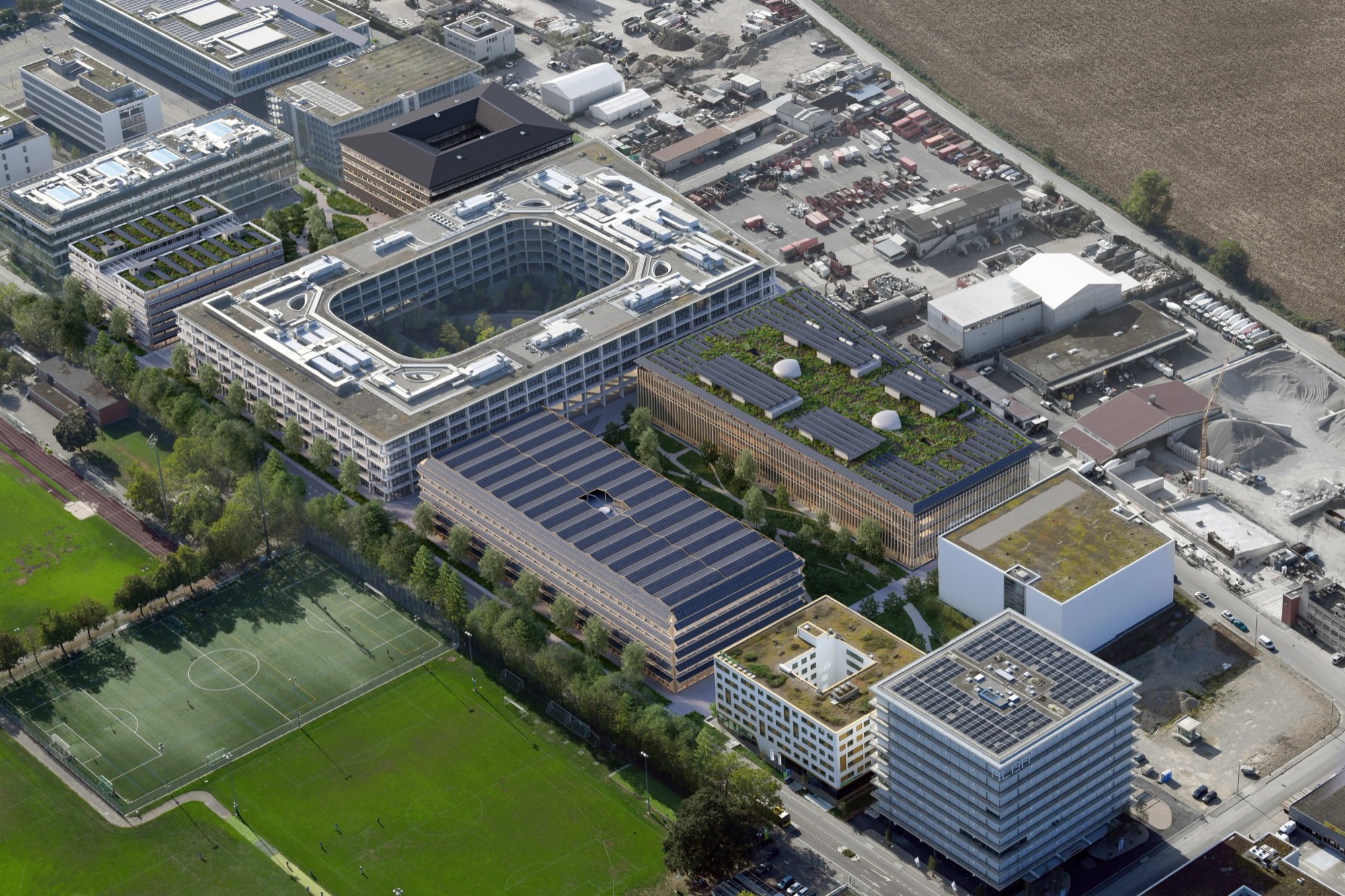 Aerial view of the Main Campus in Allschwil with the planned buildings